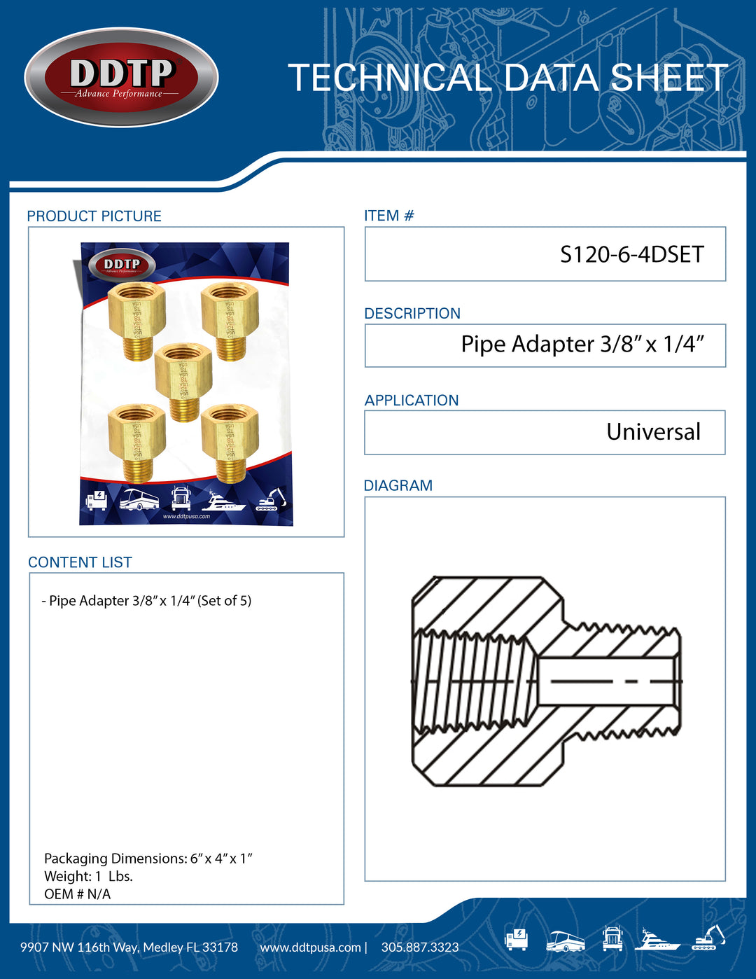 Brass Pipe Adapter 3/8" x 1/4" (Set of 5)