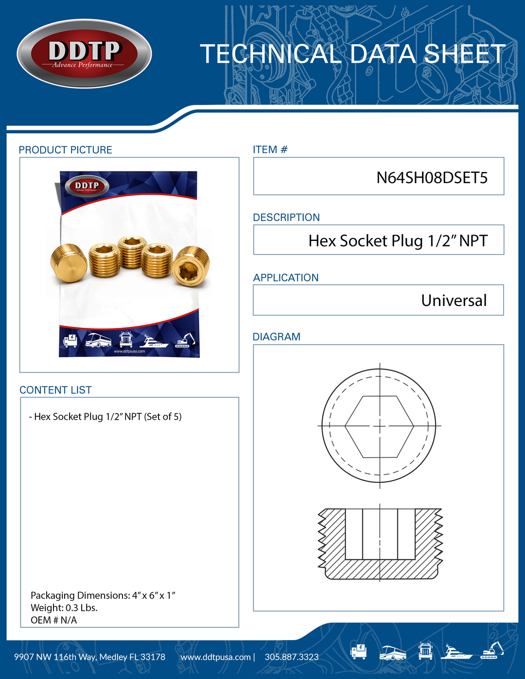 Tapón hexagonal de 1/2" NPT (juego de 5)