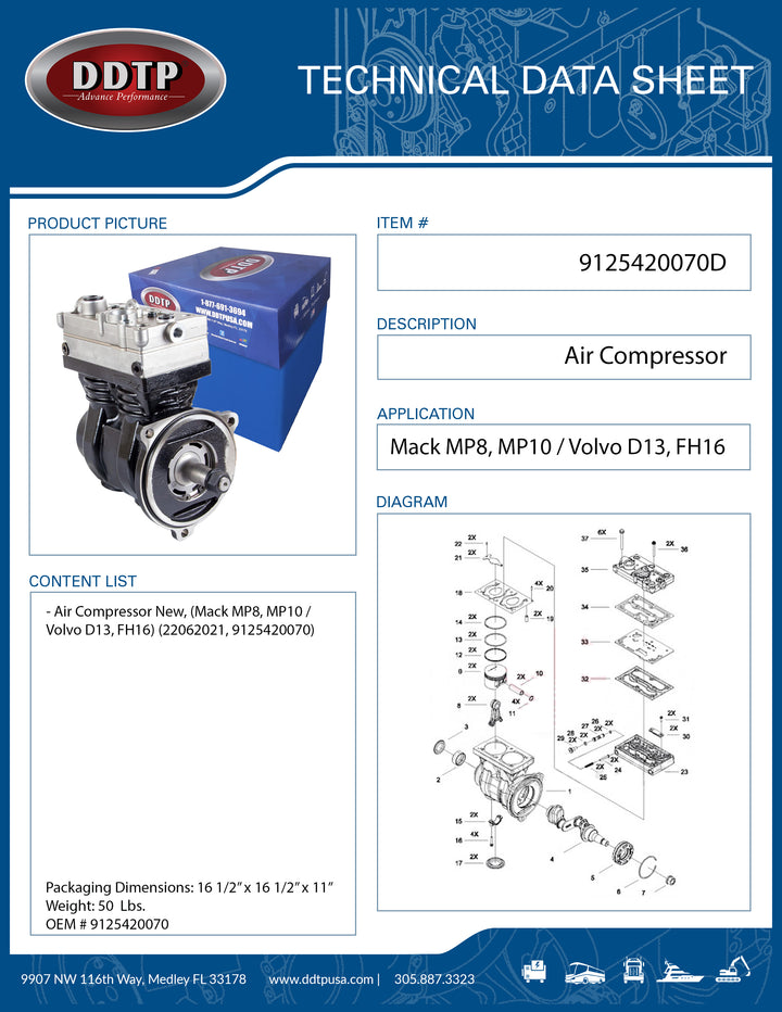 New Air Compressor Mack MP8, MP10 / Volvo D13, FH16 (22062021, 9125420070)