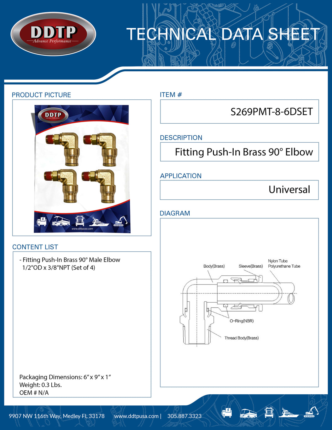 Brass 90° Push-In Male Elbow 1/2" OD x 3/8" NPT (Set of 4)