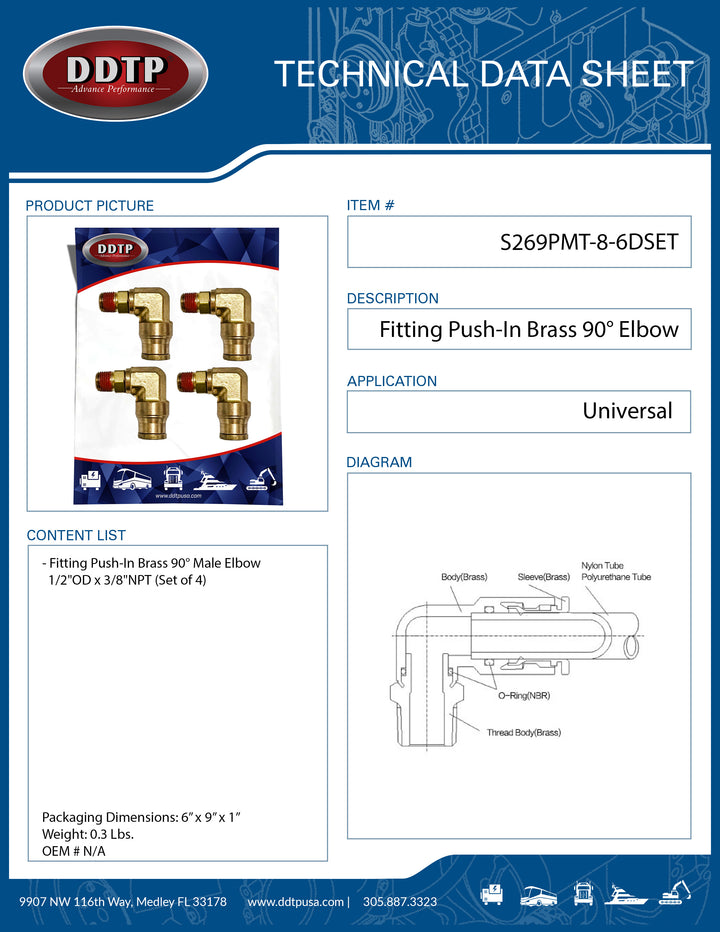 Brass 90° Push-In Male Elbow 1/2" OD x 3/8" NPT (Set of 4)