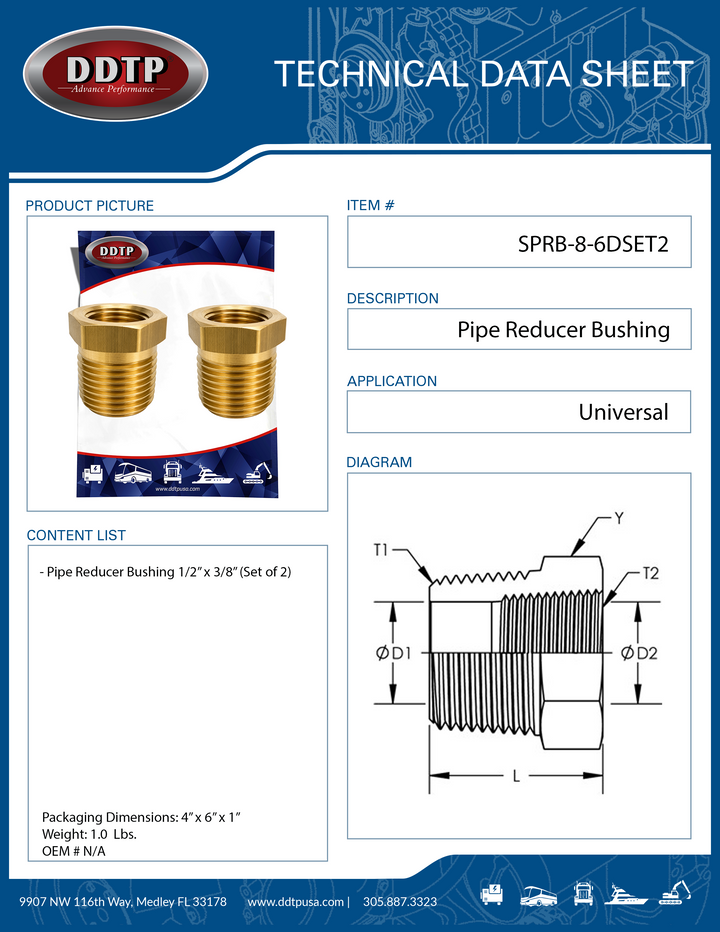 Brass Pipe Reducer Bushing 1/2" x 3/8" (Set of 2)