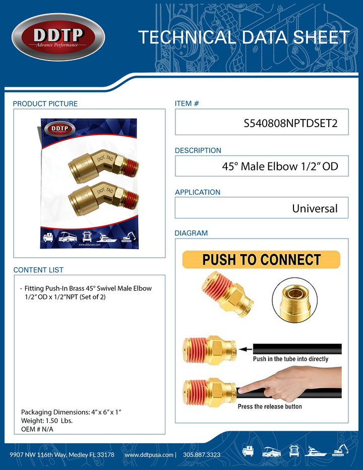 Codo macho de 45°, 1/2" de diámetro exterior x 1/2" NPT (juego de 2)