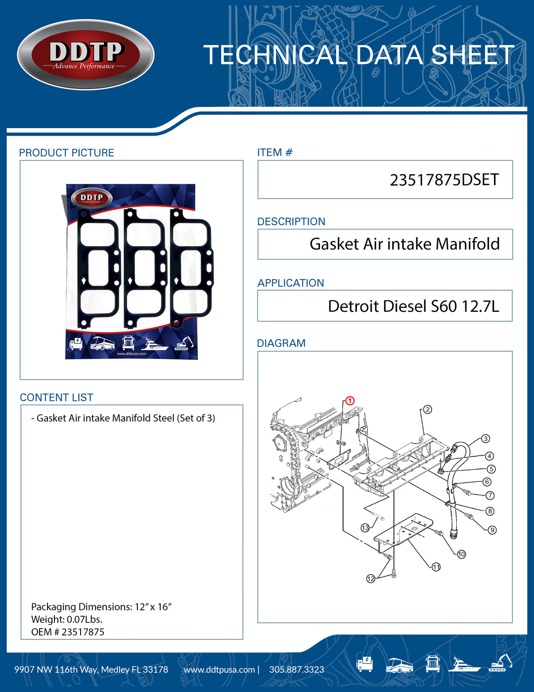 Gasket Air intake Manifold Steel S60 12.7L (Set of 3)