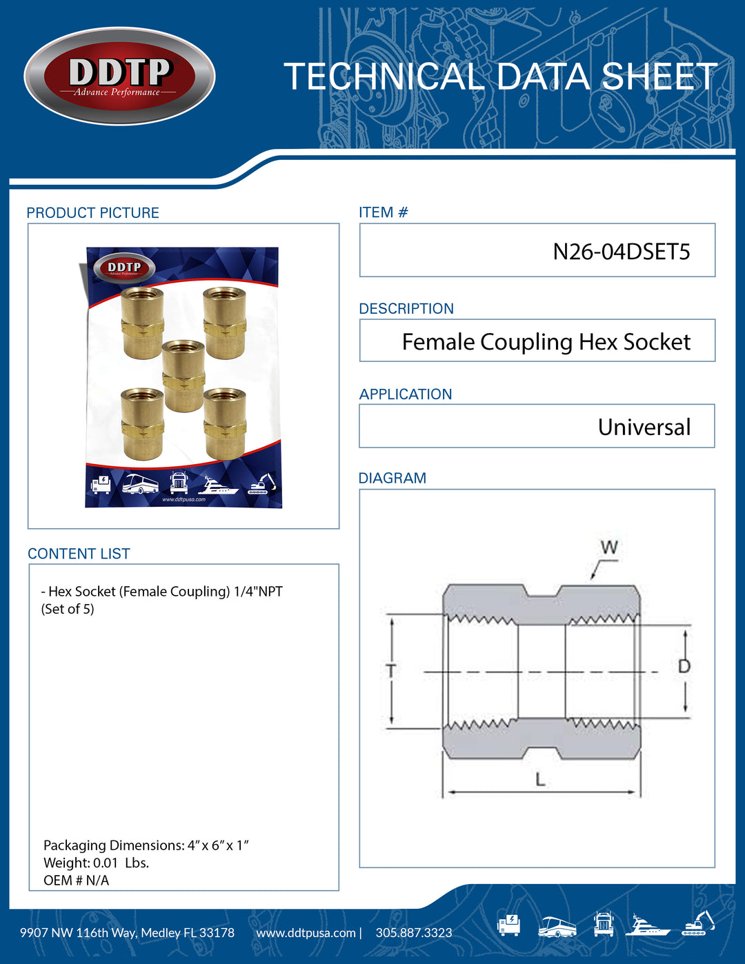 Hex Female Coupling 1/4" (Set of 5)