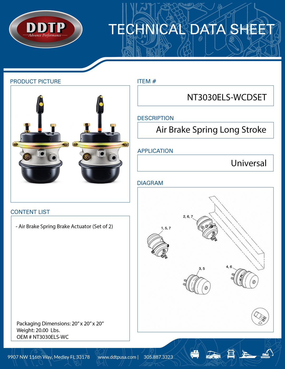 Set of 2 T30/30 Long-Stroke Air Brake Actuators | S-Cam Spring Brake Chambers