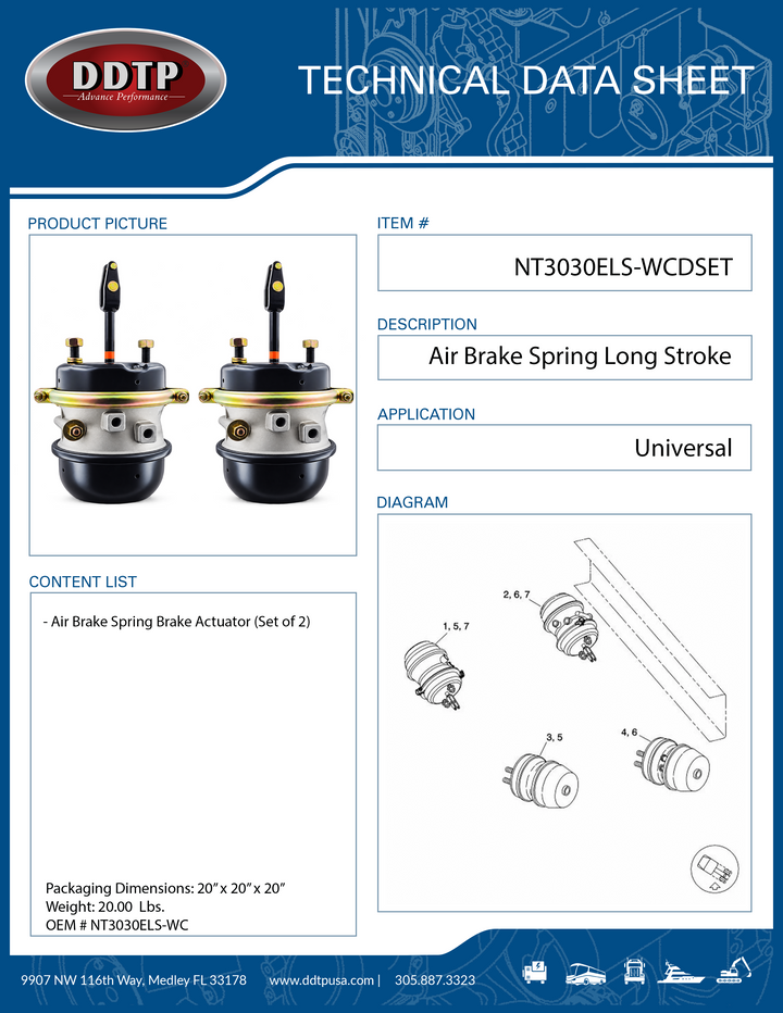 Set of 2 T30/30 Long-Stroke Air Brake Actuators | S-Cam Spring Brake Chambers