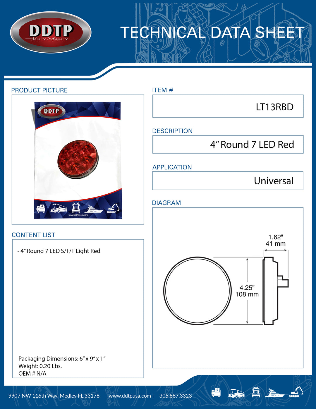 Luz roja de 4" S/T/T (redonda, 7 LED)