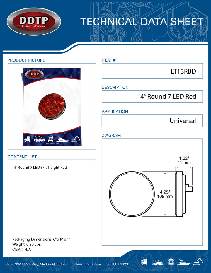 Luz roja de 4" S/T/T (redonda, 7 LED)