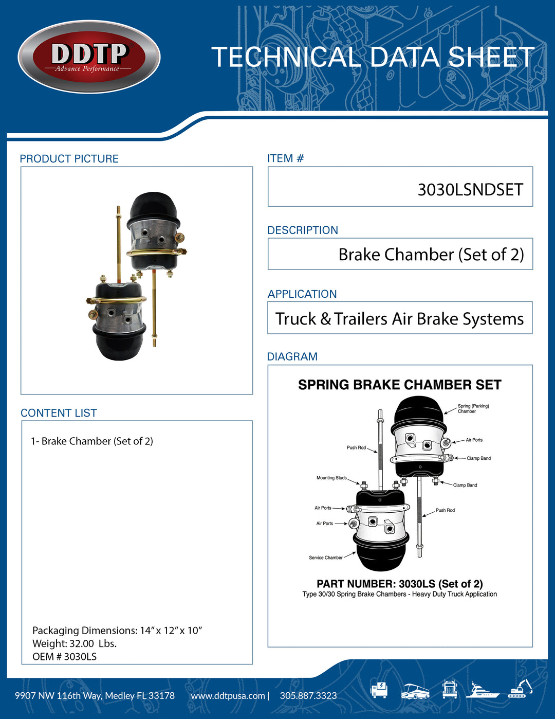 Air Brake Spring Brake Chamber Set of 2 | Heavy Duty Long Stroke Type 30/30 | 3.0" Stroke (3030LS)