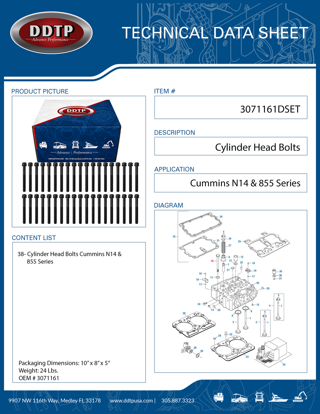 Cylinder Head Bolt Set (36 Pieces) for Cummins N14 & 855 Series