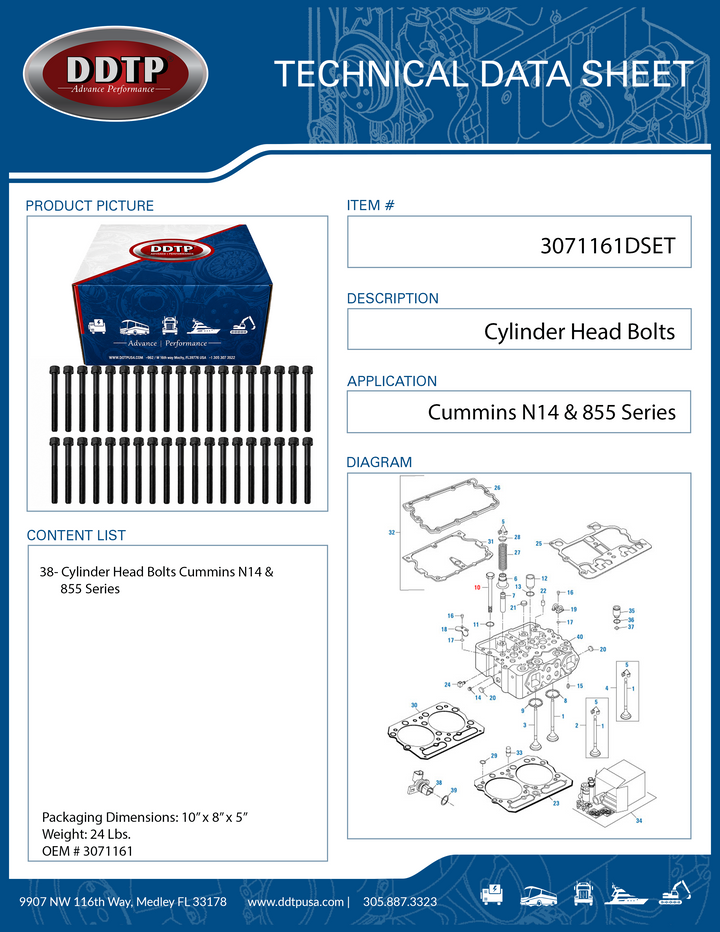 Cylinder Head Bolt Set (36 Pieces) for Cummins N14 & 855 Series