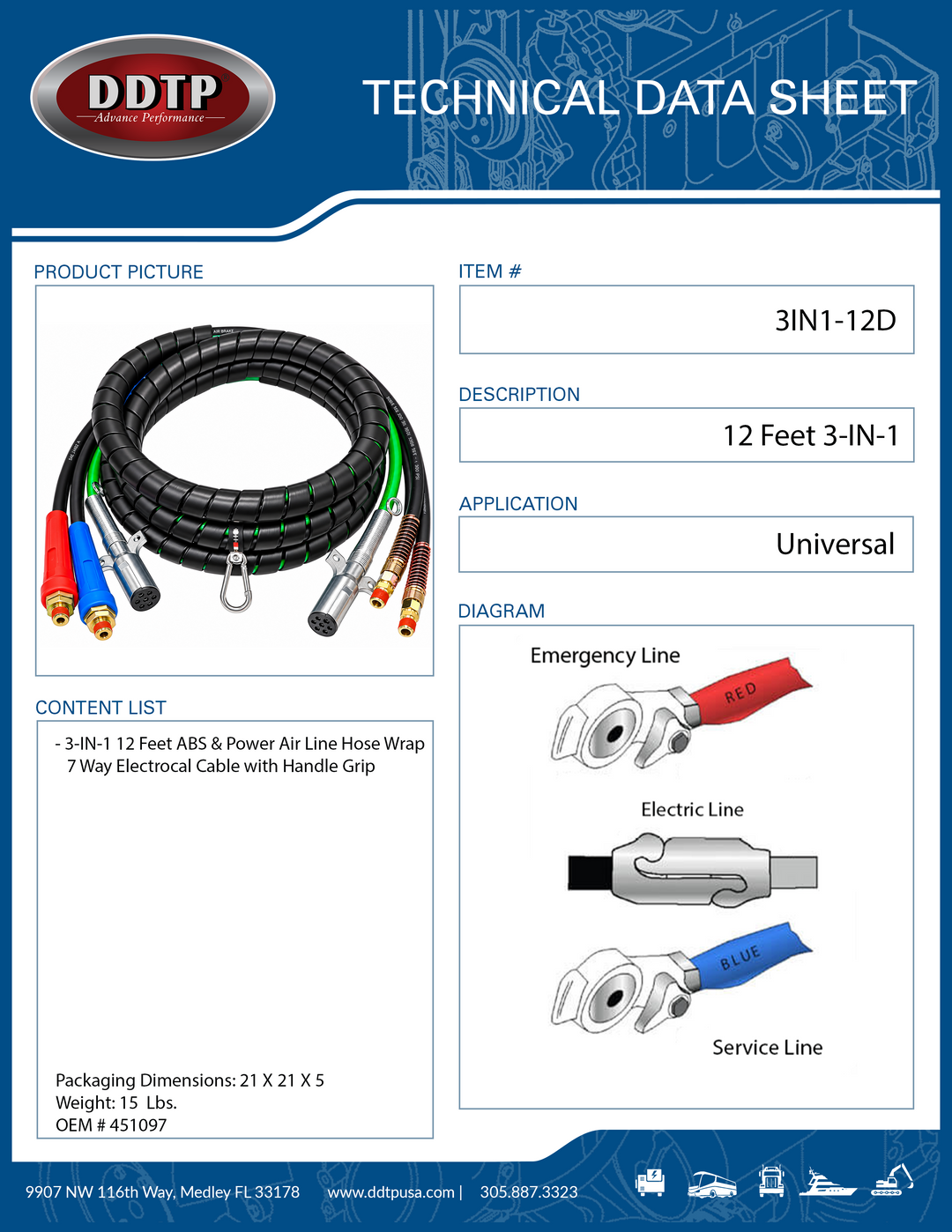 3-IN-1 12 FT ABS & Power Air Line Hose Wrap 7 Way Electrical Cable with Handle Grip