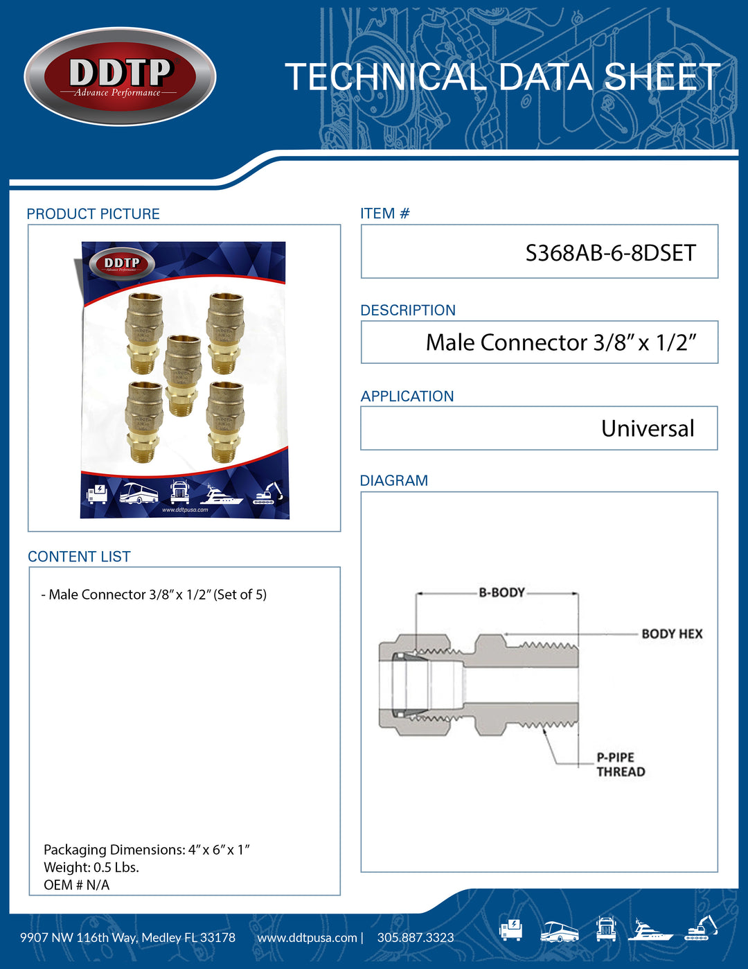 Brass Male Connector Fitting 3/8" x 1/2" (Set of 5)