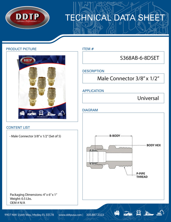 Brass Male Connector Fitting 3/8" x 1/2" (Set of 5)
