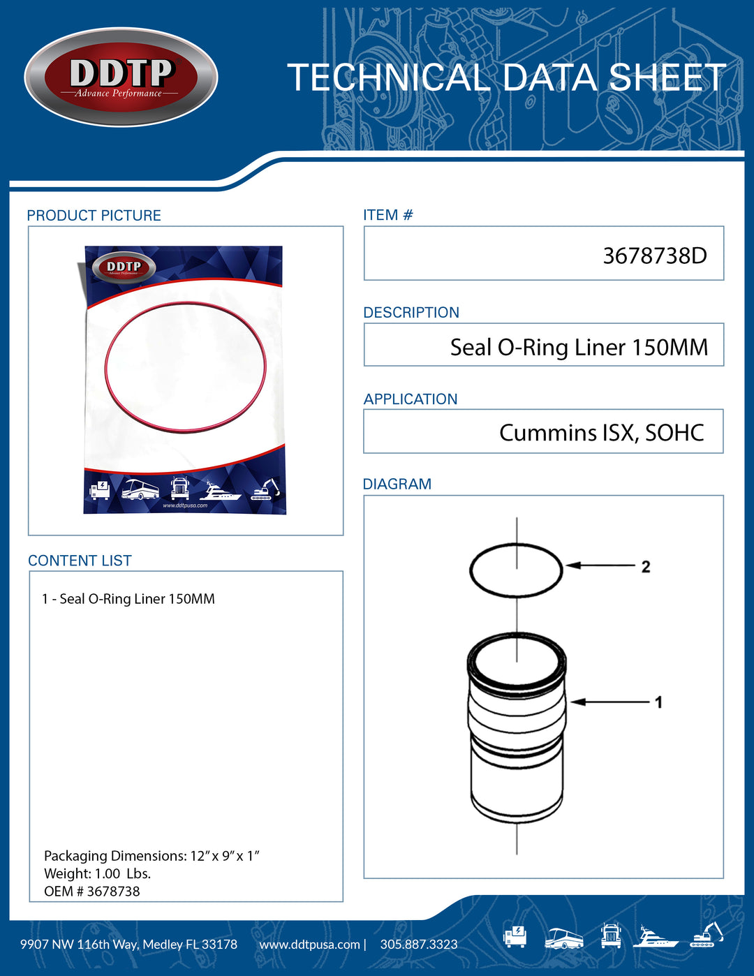 Seal O-Ring Liner 150MM ISX (SOHC) (3678738)