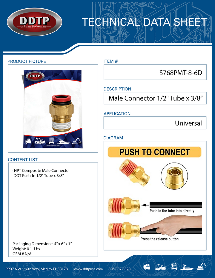 Conector macho compuesto NPT DOT de inserción rápida, tubo de 1/2" x 3/8"
