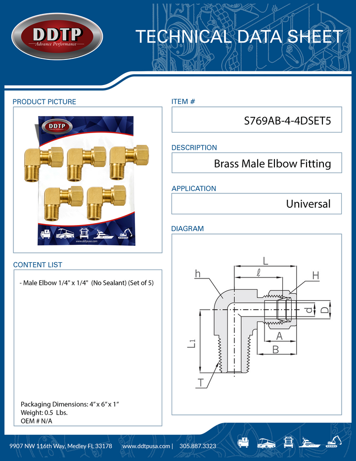 90° Brass Male Elbow Fitting 1/4" x 1/4" (No Sealant) (Set of 5)