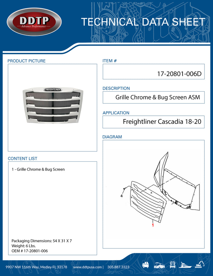 Grille-Hood Mounted Chrome, Bug Screen Freightliner Cascadia 18-20 ( 17-20801-006 )