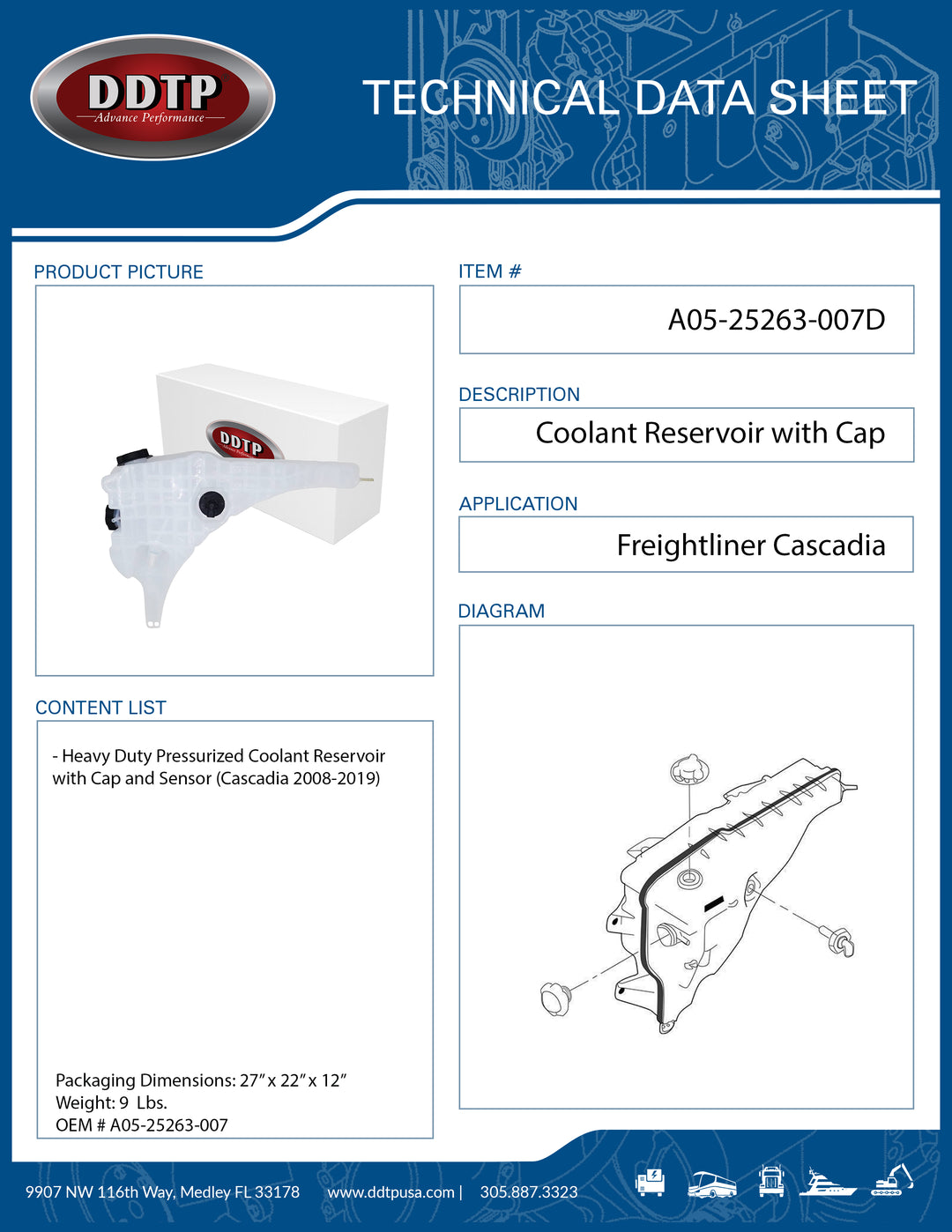 Depósito de refrigerante de alta resistencia con tapa y sensor (Cascadia 2008-2019)