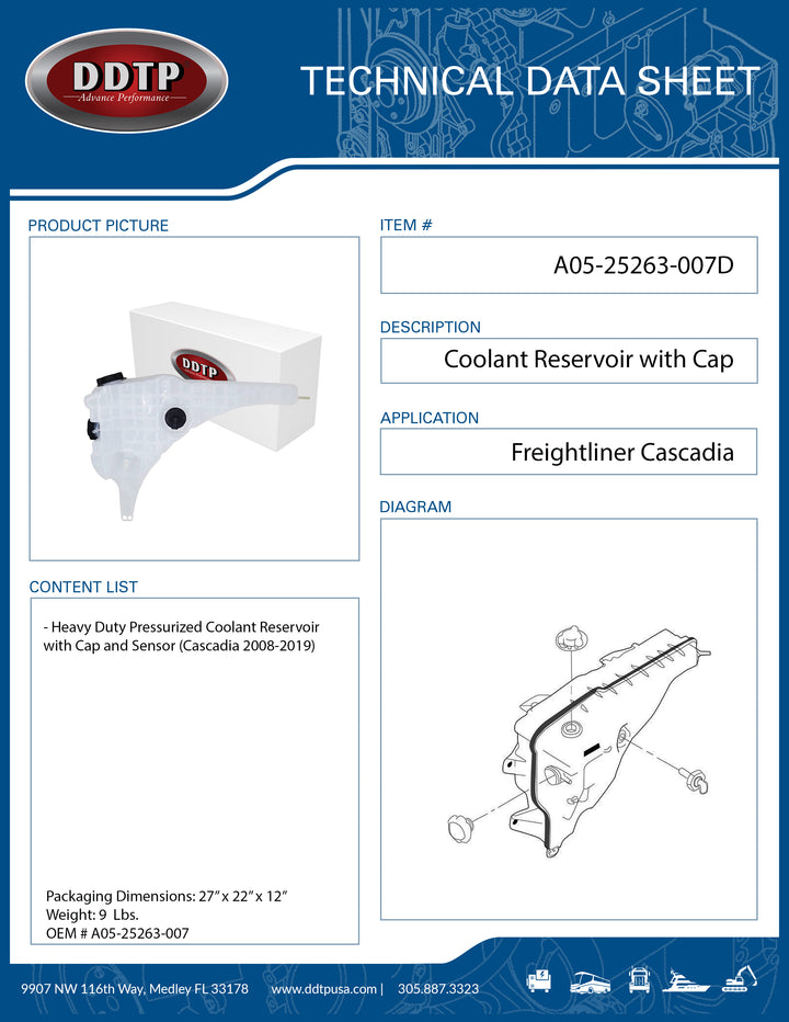 Depósito de refrigerante de alta resistencia con tapa y sensor (Cascadia 2008-2019)