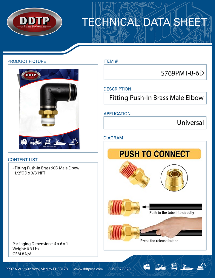 Codo macho compuesto de 90°, 1/2" de diámetro exterior x 3/8" NPT