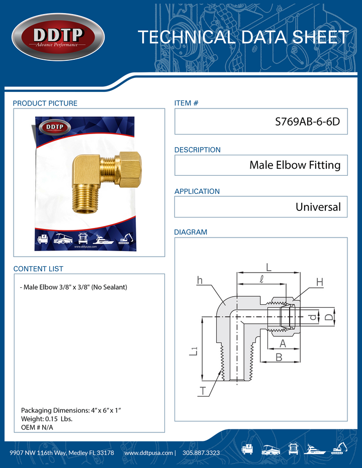 90° Brass Male Elbow Fitting 3/8"OD x 3/8"NPT (No Sealant)