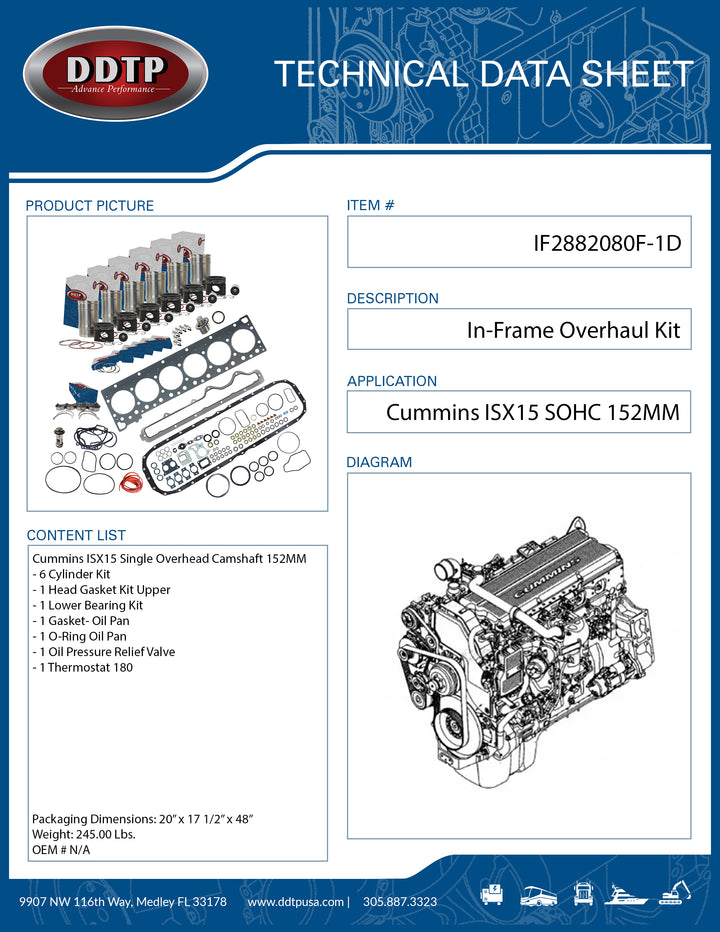 In-Frame Overhaul Kit Cummins ISX15 Single Overhead Camshaft 152MM Liner Fractured Rod Bearings (2010-2017)