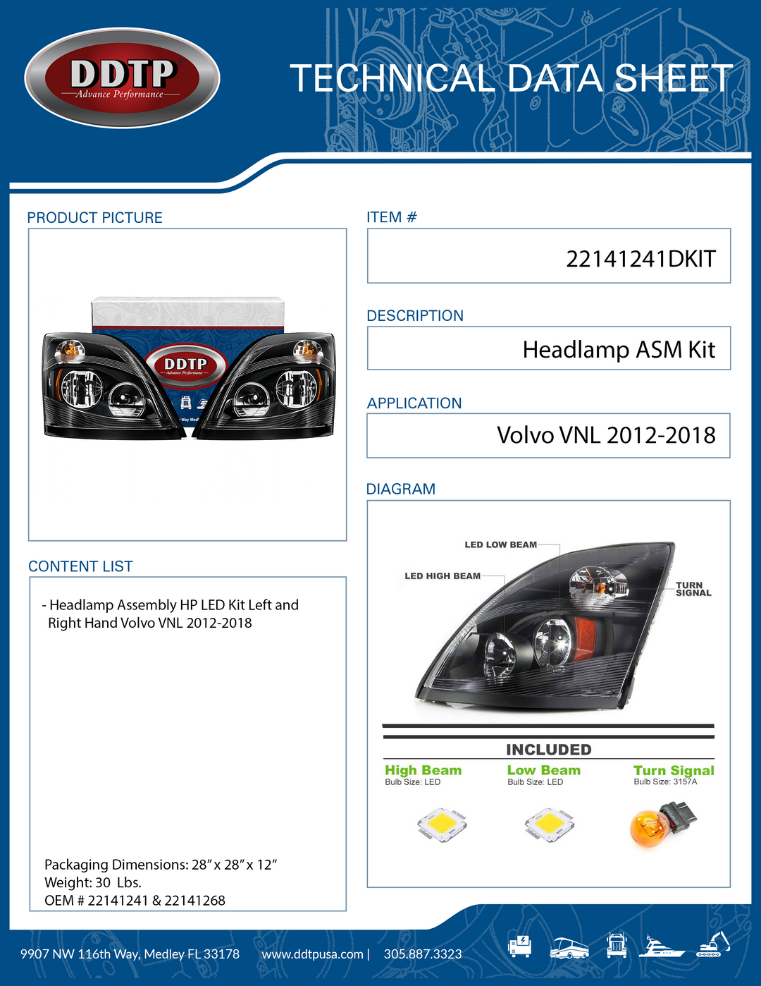 Headlamp Assembly HP LED Kit Left and Right Hand Volvo VNL 2012-2018