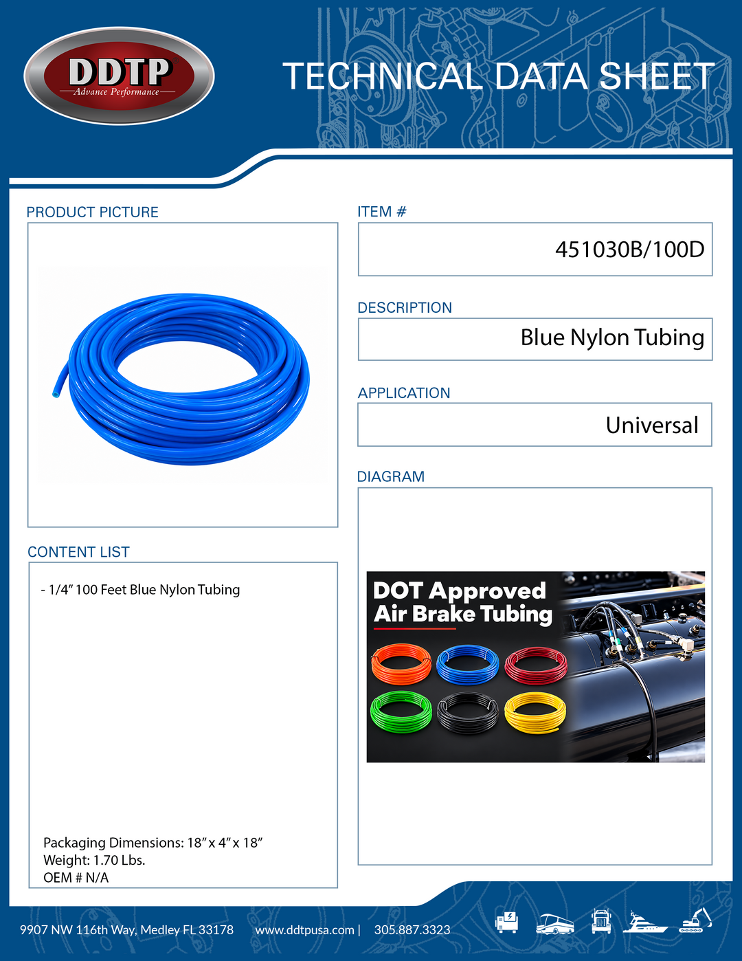 Blue Nylon Tubing Air Brake 1/4" 100 FT