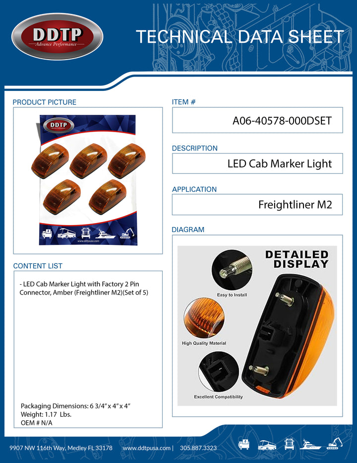 Amber LED Cab Marker Light with Factory 2 Pin Connector (Freightliner M2) (Set of 5)