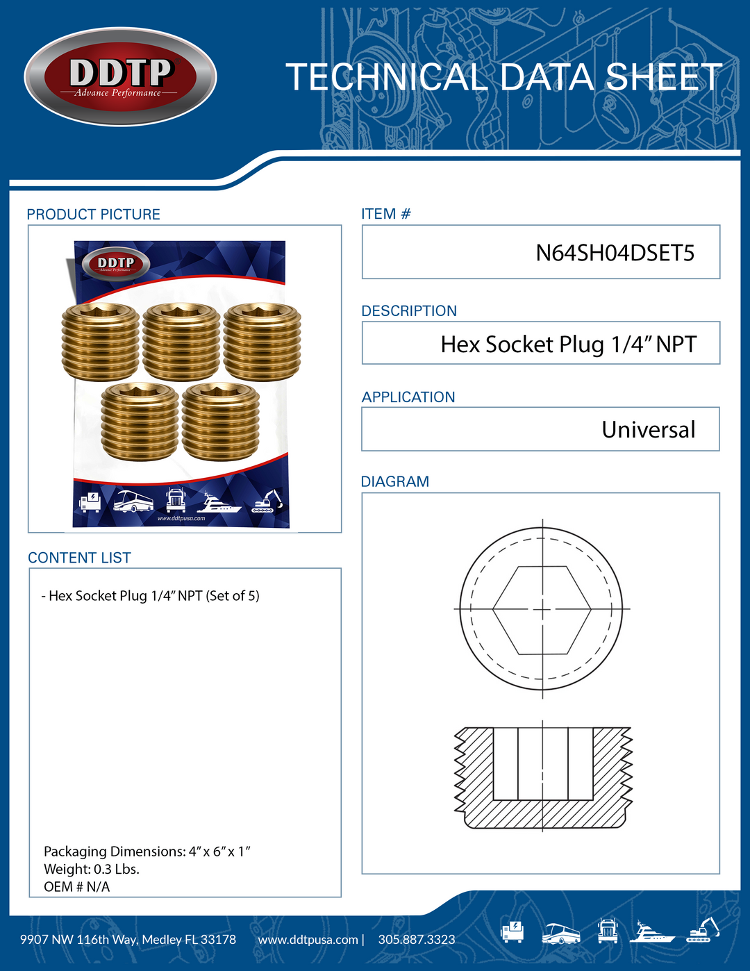 Tapón hexagonal de 1/4" NPT (juego de 5)