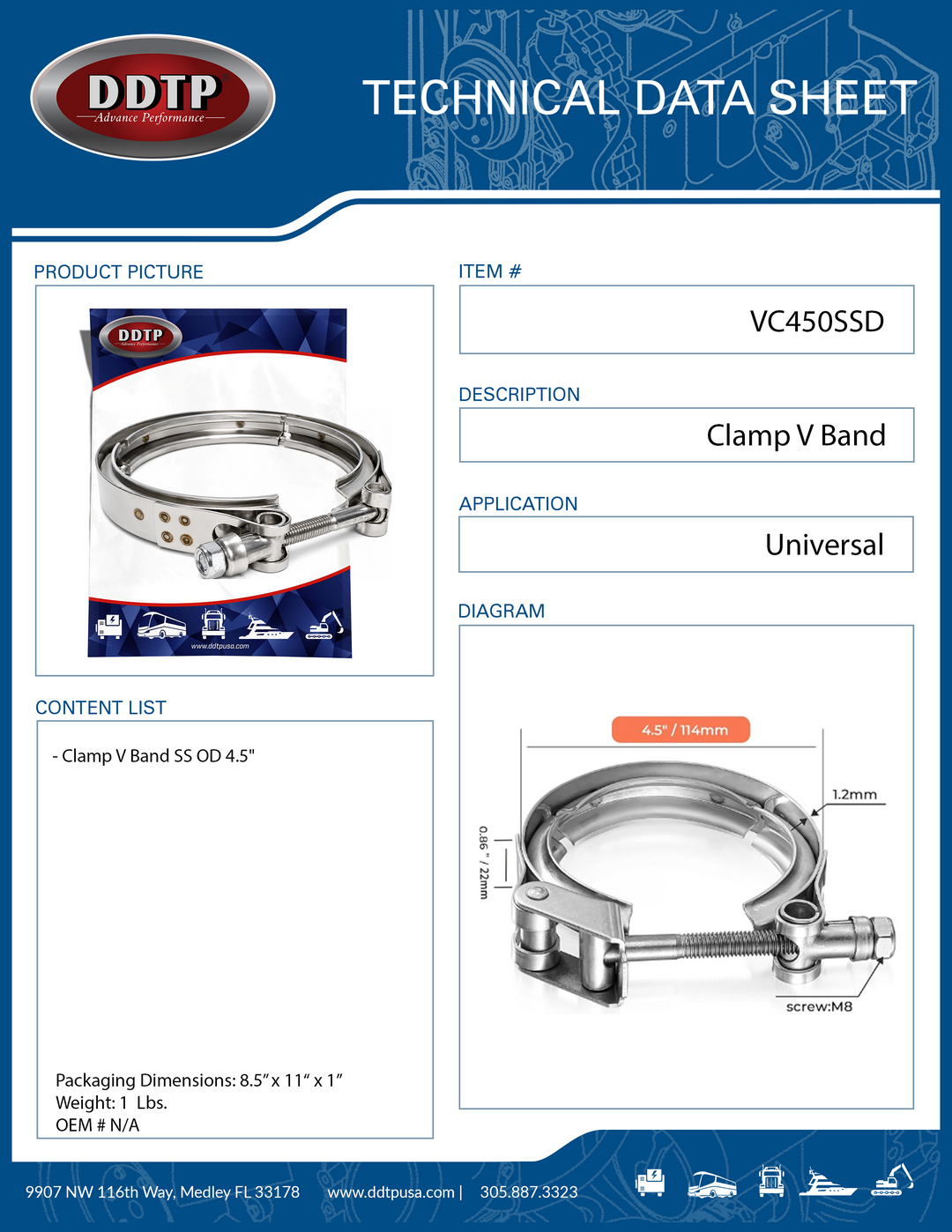 4.5 Nominal Diameter V-Band Hose Clamps, Stainless Steel