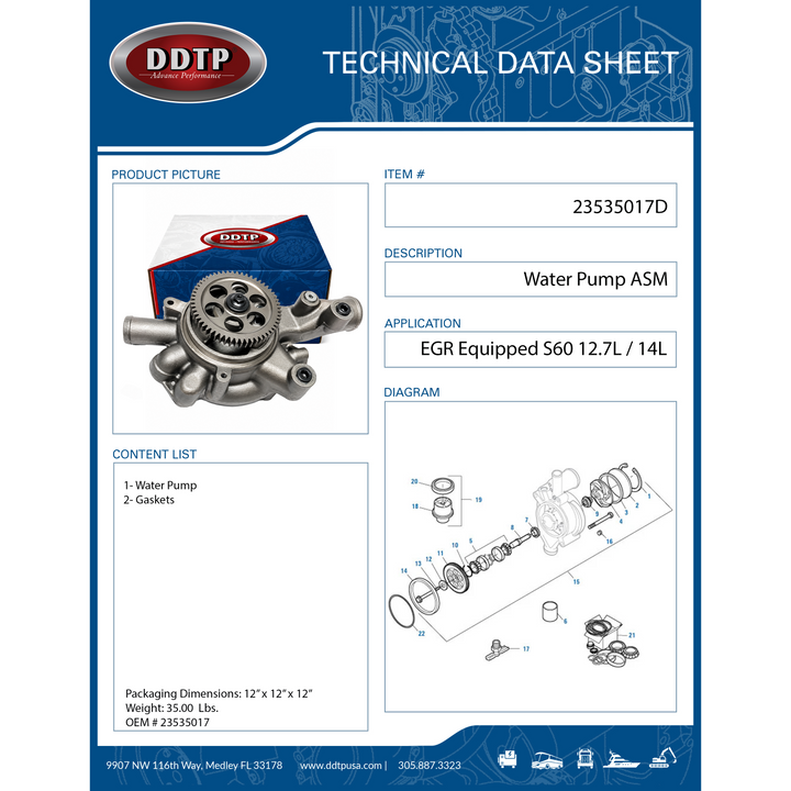 Water Pump Assembly for Detroit Diesel Series 60 12.7L & 14.0L EGR Engines