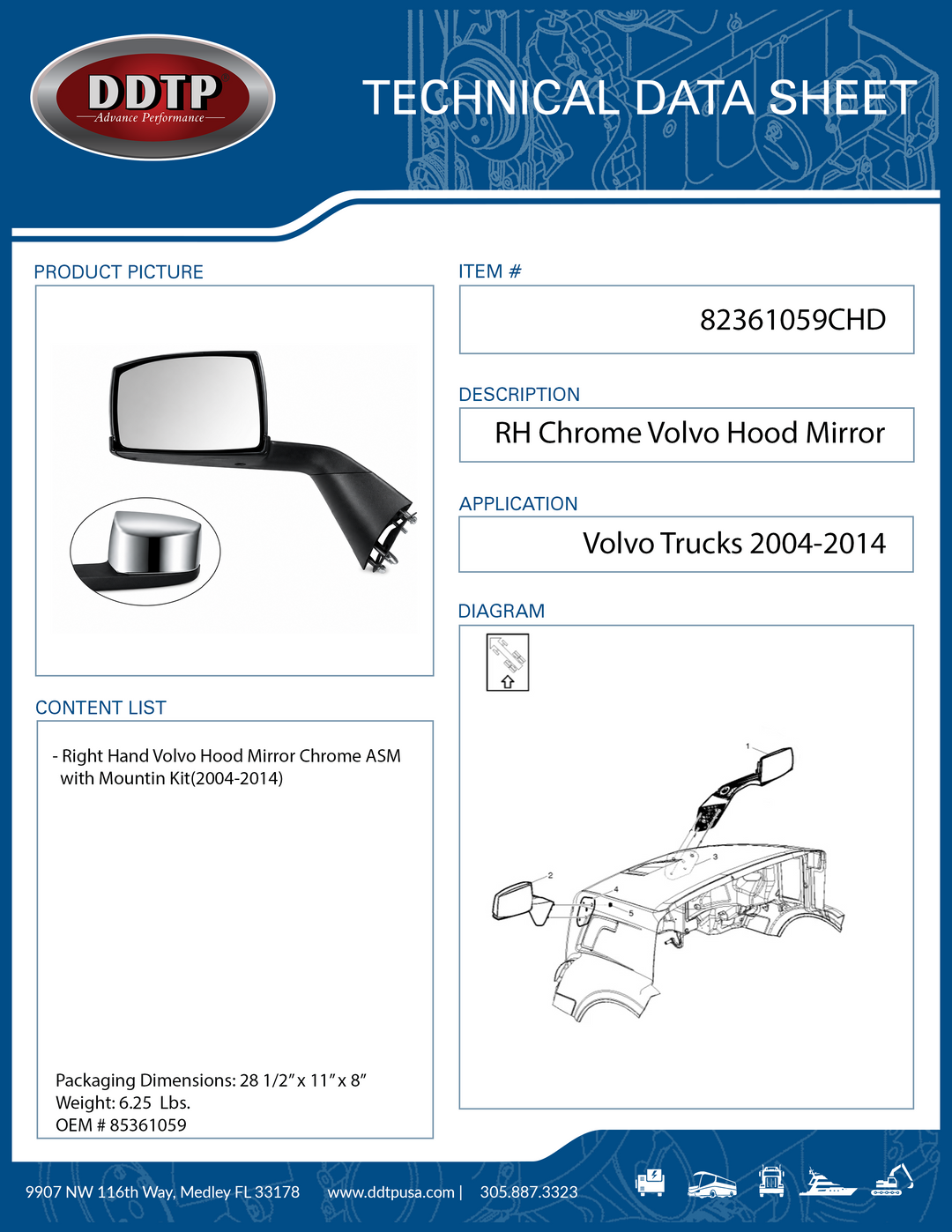 Chrome Right Hand Volvo Hood Mirror with Mounting Kit 2004-2014