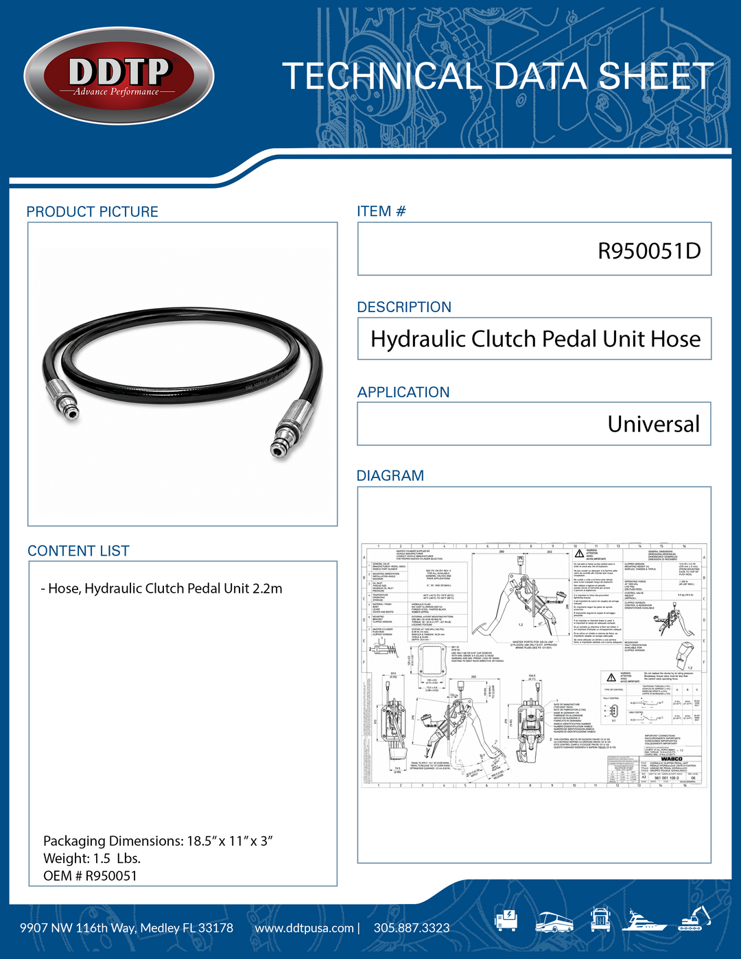 Hydraulic Clutch Pedal Unit Hose 2.2m