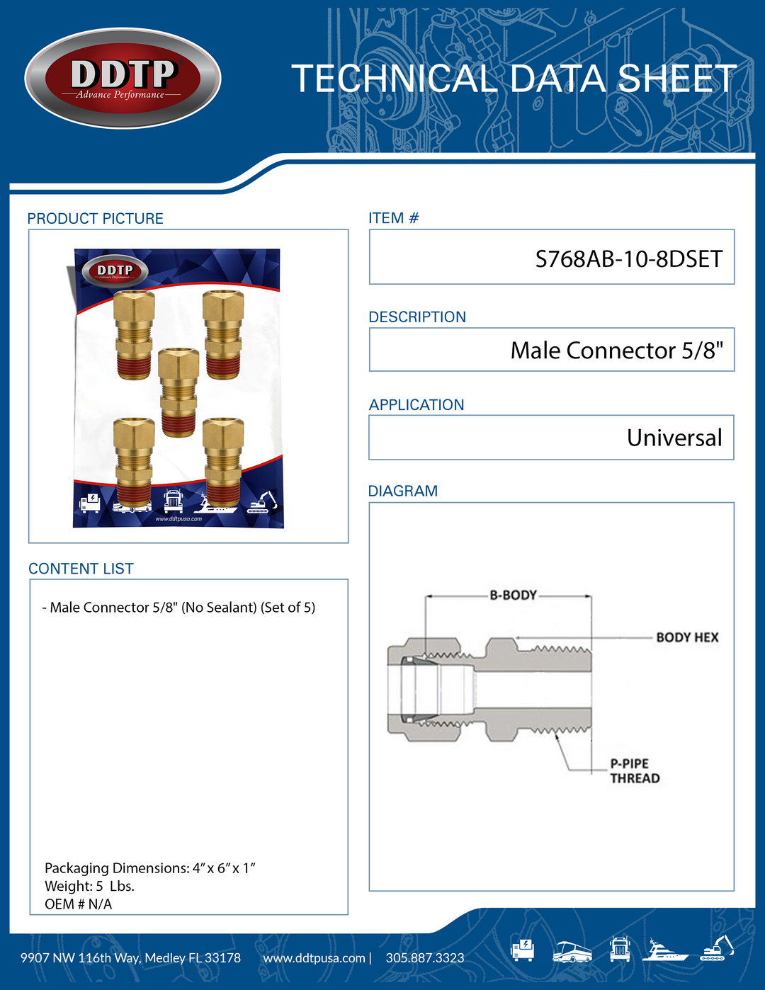 Conector macho de latón de 5/8" (sin sellador) (juego de 5)