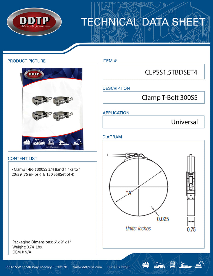 Clamp T-Bolt 300SS 3/4 Band 1 1/2 to 1 20/29 (75 in-lbs)(TB 150 SS)(Set of 4)