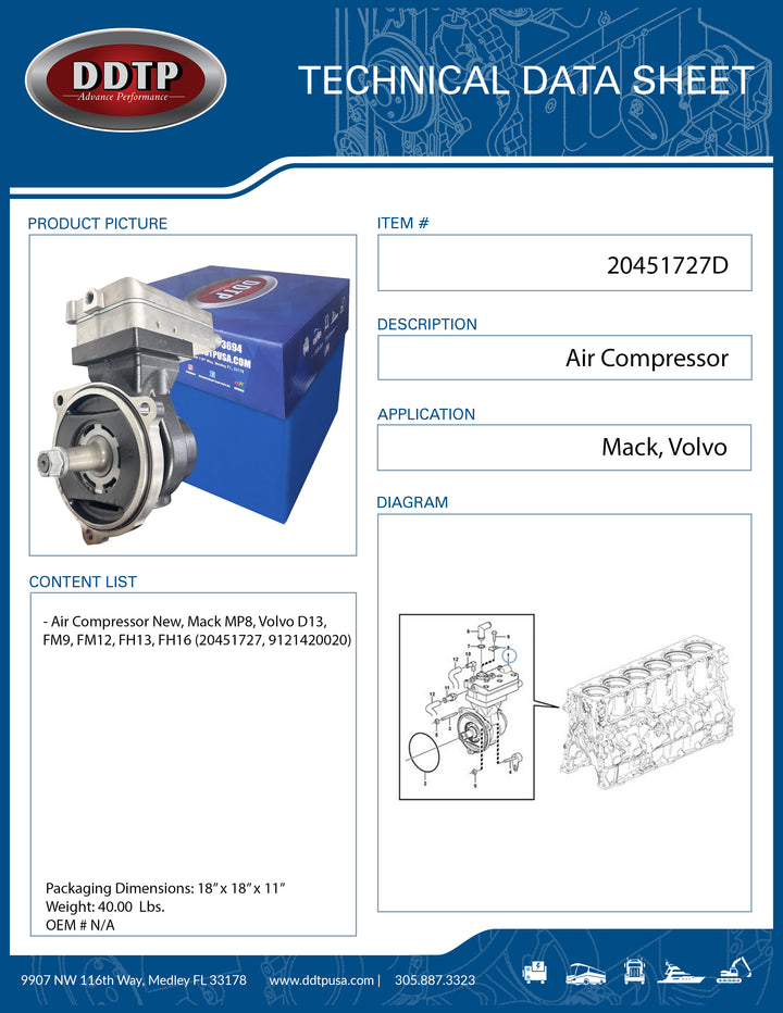 Air Compressor New, Mack MP8, Volvo D13, FM9, FM12, FH13, FH16 (20451727, 9121420020)