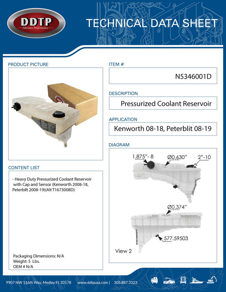 Heavy Duty Pressurized Coolant Reservoir with Cap and Sensor (Kenworth 2008-18, Peterbilt 2008-19)(Alt T1673008D)