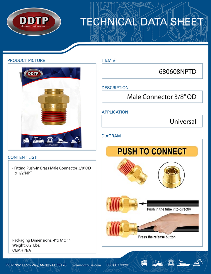 Conector macho de 3/8" de diámetro exterior x 1/2" NPT