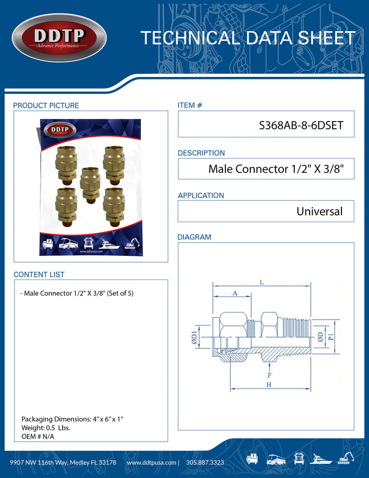 Brass Male Connector 1/2" X 3/8" (Set of 5)