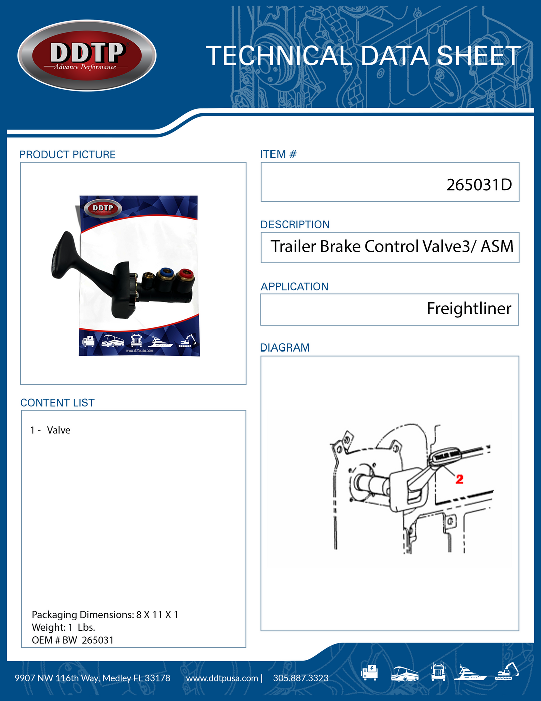 Trailer Brake Control Valve 3/ Freightliner ( BW 265031 )