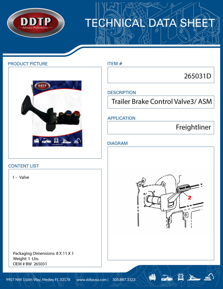 Trailer Brake Control Valve 3/ Freightliner ( BW 265031 )