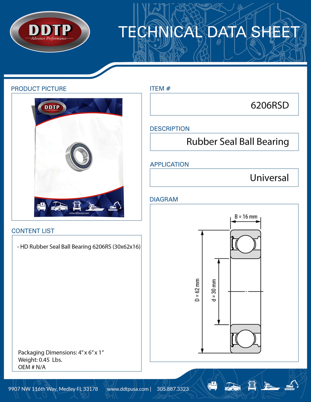 HD Rubber Seal Ball Bearing 6206RS (30x62x16)