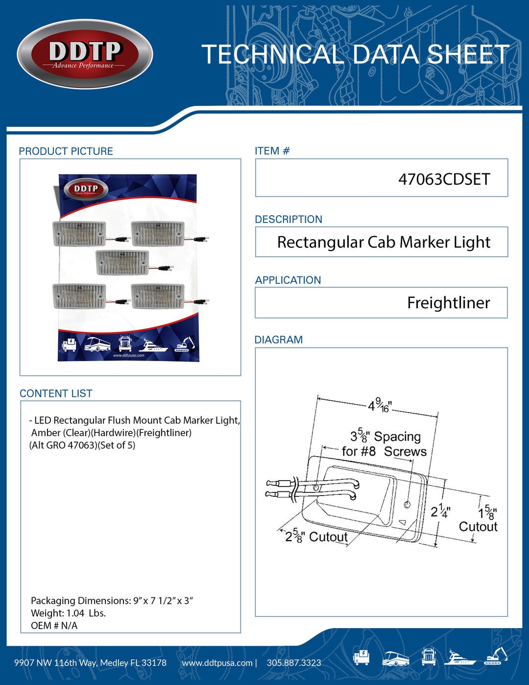 Clear LED Rectangular Flush Mount Cab Marker Light(Hardwire)(Freightliner)(Set of 5)