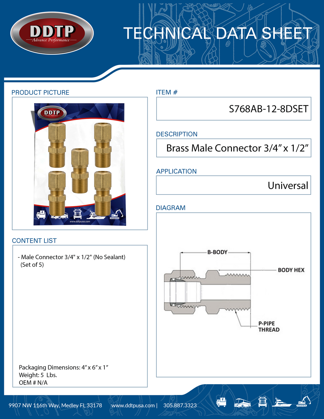 Brass Male Connector 3/4" x 1/2" (No Sealant)(Set of 5)