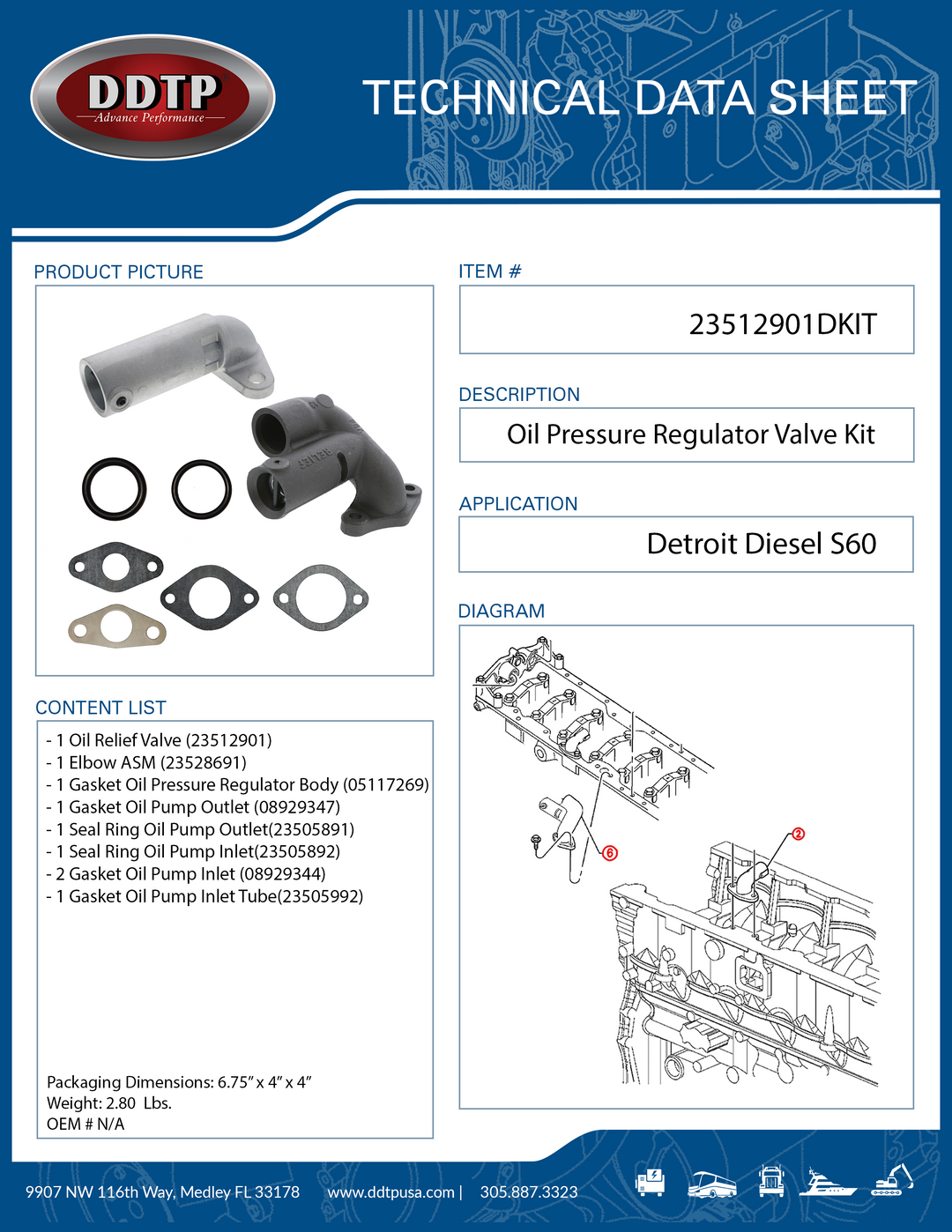 Oil Pressure Regulator Valve Kit Detroit Diesel S60 23512901 & 23528691
