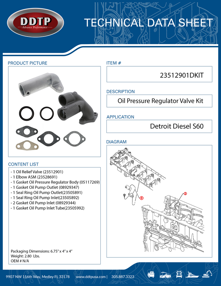 Oil Pressure Regulator Valve Kit Detroit Diesel S60 23512901 & 23528691