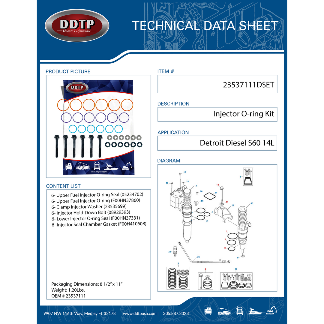 Set of 6 Injector O-ring Kit Detroit Diesel S60 14 L